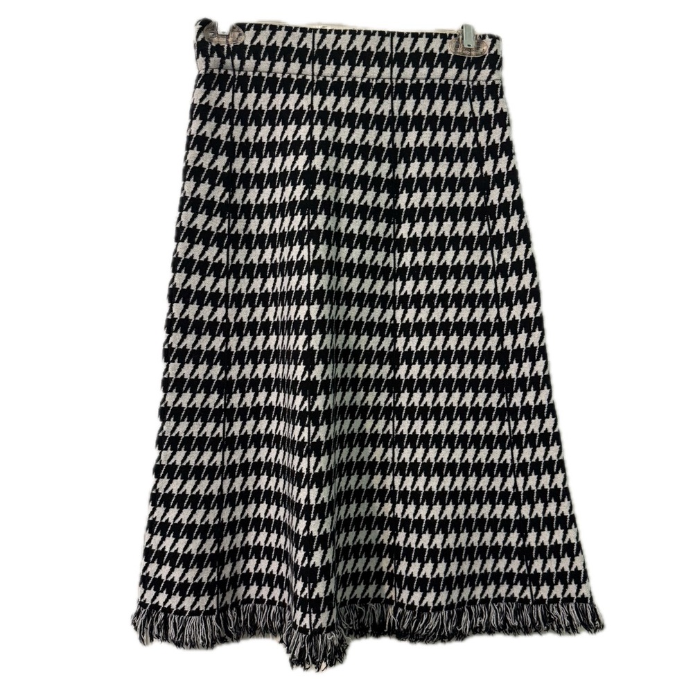 Versona Black and White Houndstooth Pattern Fringed A-Line Midi Skirt XS